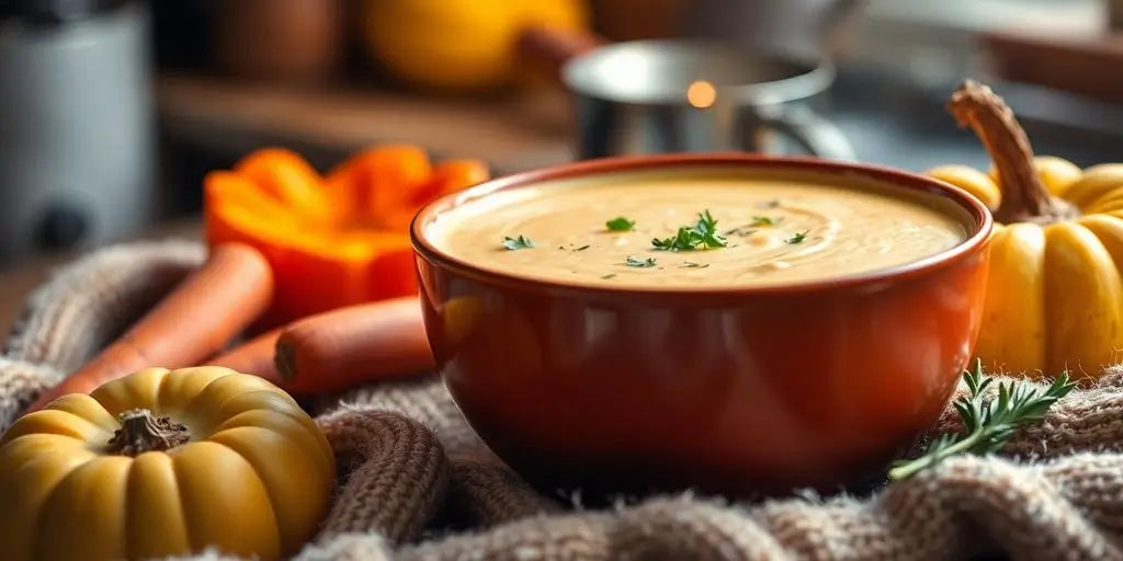 Tazón de sopa cremosa con verduras de temporada.
