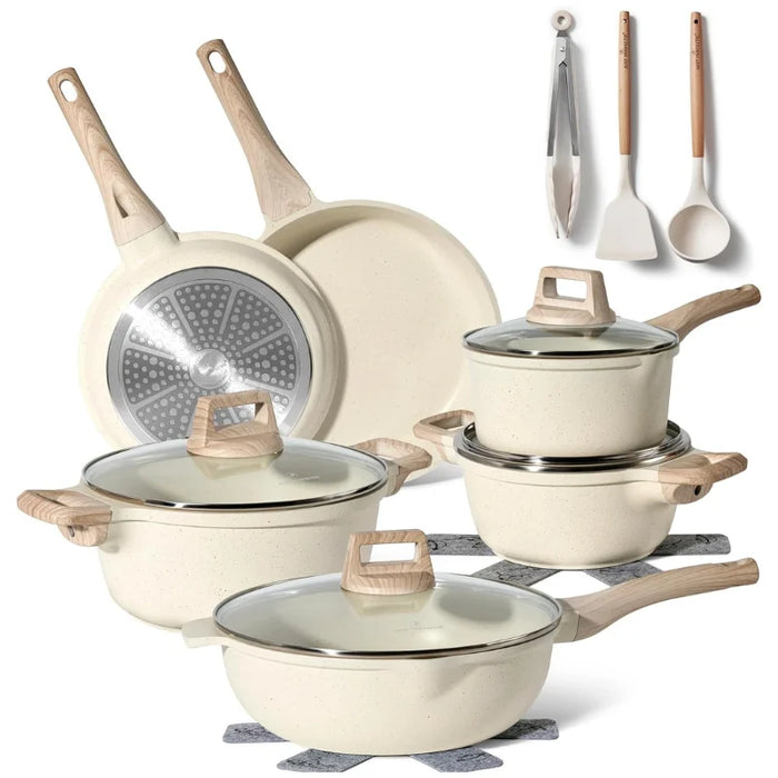 Batería de Cocina Granito 15 Piezas Just Perfecto – Beige con Tapas y Utensilios