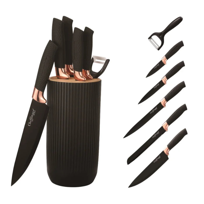 Cheffinger CF-KB01: Juego de Cuchillos 7 Piezas - Negro con Adornos de Oro Rosa -Bronmart