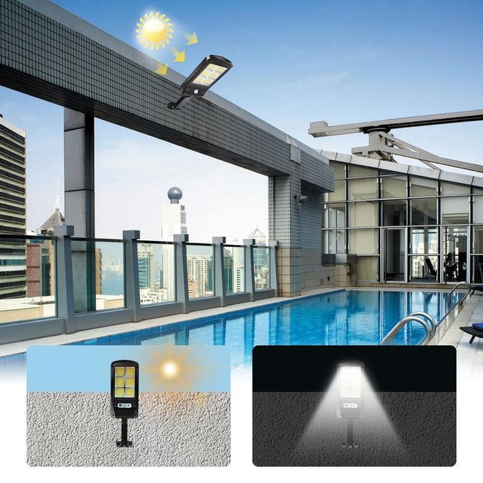 Sensor de movimiento PIR de luz solar ultra grande 128 COB, farola solar para exteriores de pared de jardín, lámpara impermeable, lámpara de control remoto inteligente 
