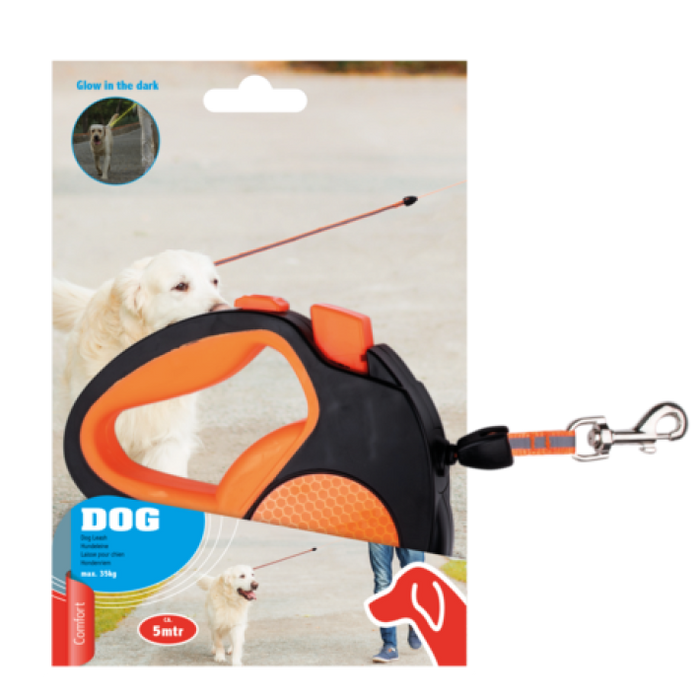 Tratamiento para mascotas ED-41678: Correa retráctil para perros que brilla en la oscuridad - 5M Naranja - Bronmart