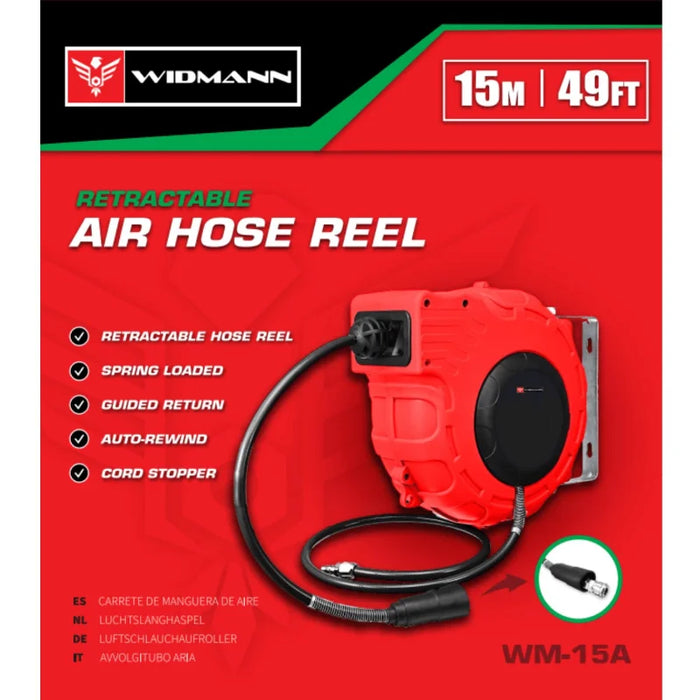 Widmann WM-15A: Enrollador de manguera de aire retráctil de 15 m -Bronmart
