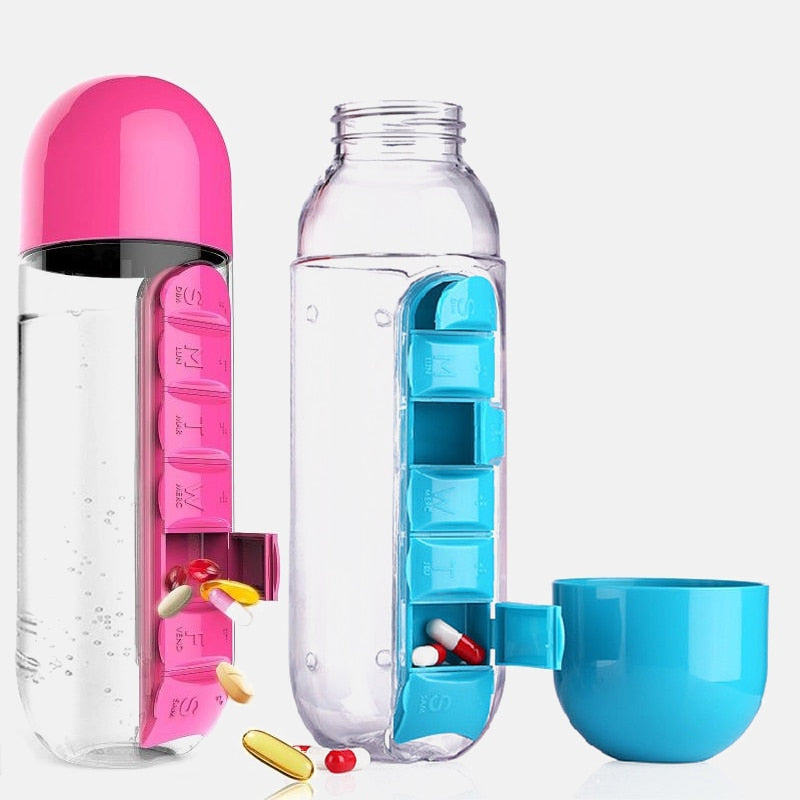 Botella de agua de 600 ml con pastillero, botella de plástico para bebidas con caja de pastillas para medicamentos, contenedor para bebidas, organizador de medicamentos de 7 días de viaje 