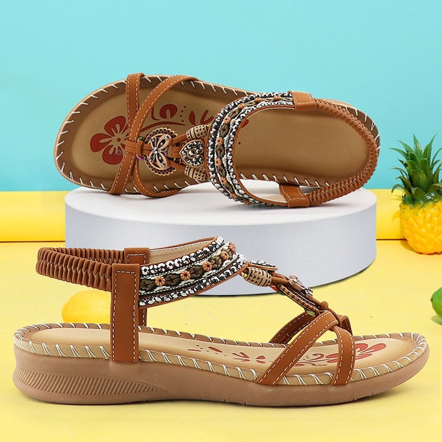Sandalias Retro para mujer, zapatos de costura con estampado de flores a la moda, sandalias de verano con diseño de diamantes de imitación, sandalias con banda elástica de plataforma suave 
